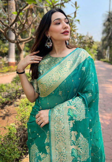 Sea Green Organza Floral Rainbow Zari Woven Unique Saree with Unstitched Blouse