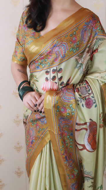 Yellow Tussar Silk Pattachitra Traditional Printed Zari Woven Saree