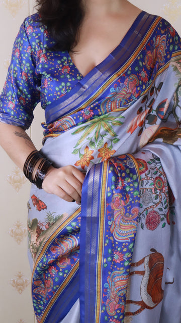 Blue Tussar Silk Pattachitra Traditional Printed Zari Woven Saree