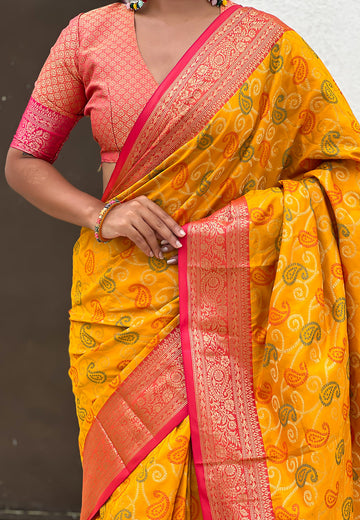 Mustard Soft Silk Zari Woven Bandhani Patola Saree with Contrast Weaves