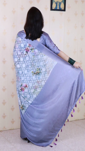 Blue Soft Georgette Floral Printed Zari Woven Saree