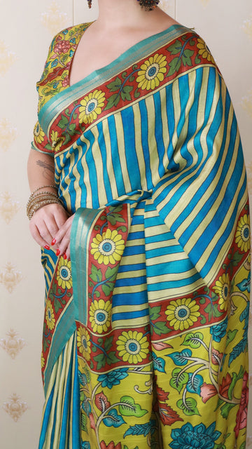 Blue Soft Tussar Silk Striped Party Wear Printed Zari Woven Saree