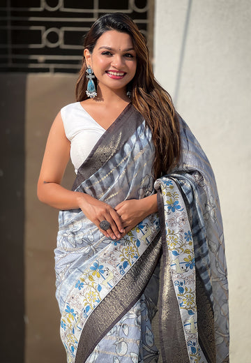 Grey Chanderi Crush Silk Floral Printed Saree with Zari Woven Jacquard Panel Border