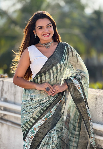 Pista Chanderi Crush Silk Floral Printed Saree with Zari Woven Jacquard Panel Border