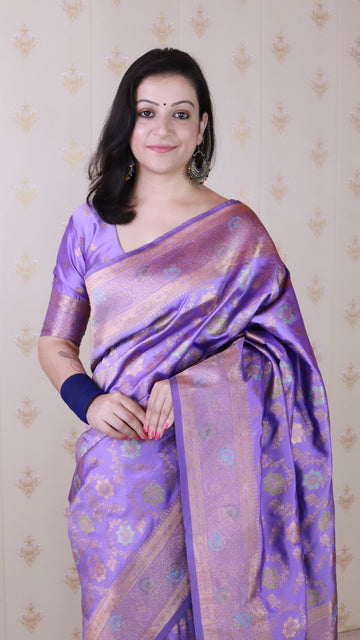 Lavender Banarasi Jaal Soft Silk Gold Zari Meenakari Woven Saree