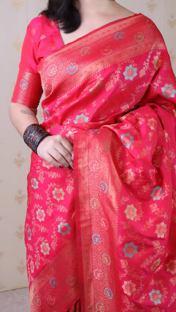 Pink Banarasi Jaal Soft Silk Gold Zari Meenakari Woven Saree