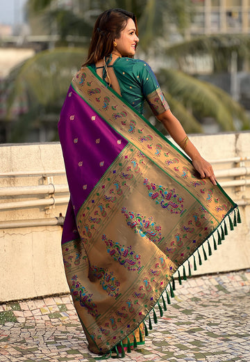 Wine Zari Woven Tiny Nath Meenakari Contrast Yeola Paithani Silk Saree