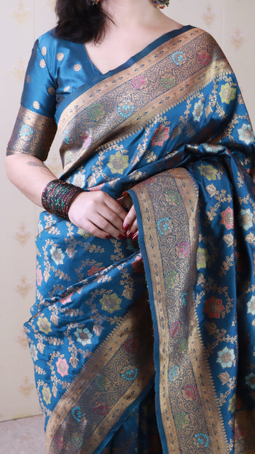 Denim Blue Banarasi Jaal Soft Silk Gold Zari Meenakari Woven Saree