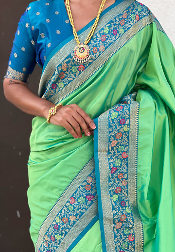 Pista Gala Silk Saree with Paithani Pallu Kadiyal Zari Woven Saree