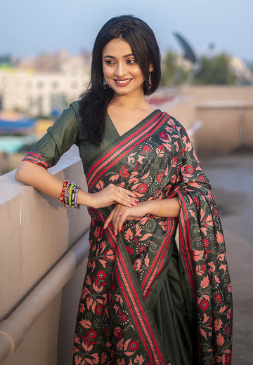 Bottle Green Kolam Silk Katha Printed Pushpa Saree