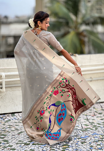 Grey Organza Paithani Zari Woven Saree