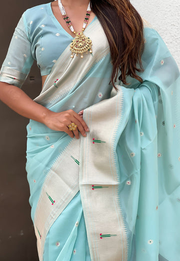 Sky Blue Organza Paithani Zari Woven Saree