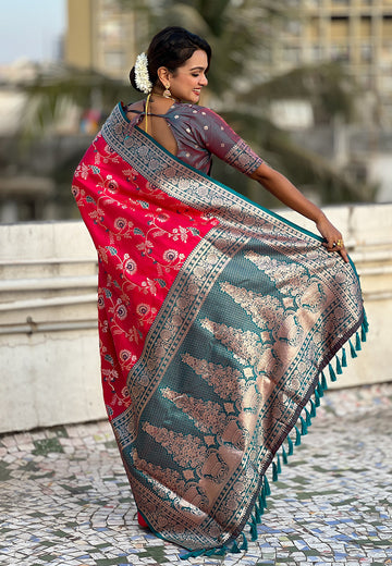 Pink Banarasi Contrast Jaal Soft Silk Zari Woven Saree