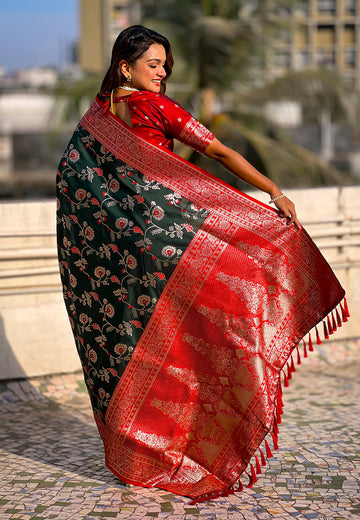 Bottle Green Banarasi Contrast Jaal Soft Silk Zari Woven Saree