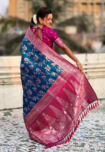 Blue Banarasi Contrast Jaal Soft Silk Zari Woven Saree
