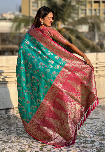 Sky Blue Banarasi Contrast Jaal Soft Silk Zari Woven Saree