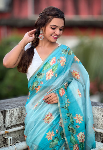Sky Blue Chanderi Cotton Pichwai Printed Saree with Zari Woven Border