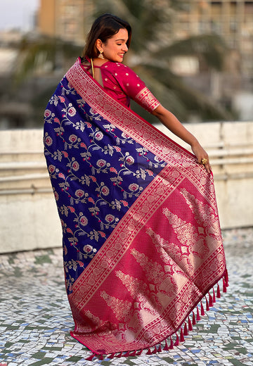 Violet Banarasi Contrast Jaal Soft Silk Zari Woven Saree