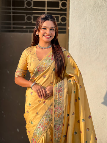 Light Yellow Baluchari Silk Zari Woven Saree