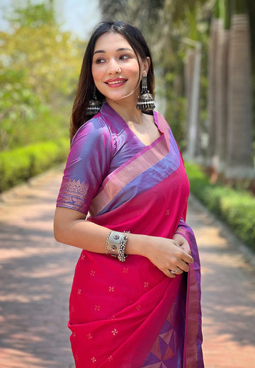Hot Pink Soft Silk Floral Border Contrast Zari Woven Saree