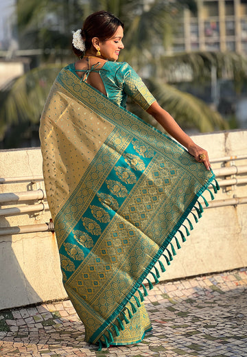 Chickoo Pure Tissue Zari Woven Saree with Contrast Weaves