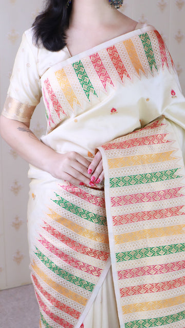 Cream Soft Silk Meenakari Zari Woven Saree with Temple Border