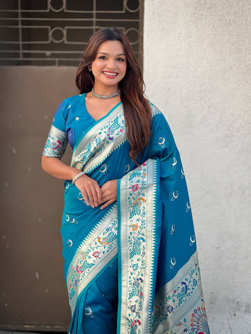 Rama Blue Chandrakor Paithani Silk Banarasi Zari Woven Saree