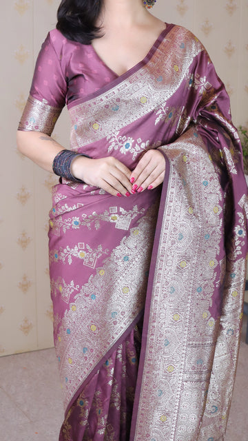 Coral Pink Soft Silk Banarasi Jaal Meenakari Zari Woven Saree