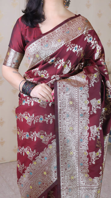 Maroon Soft Silk Banarasi Jaal Meenakari Zari Woven Saree