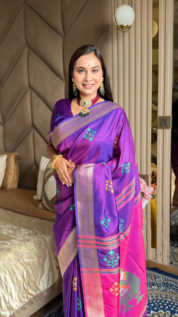 Violet Soft Silk Ikkat Patola Saree with Meenakari Motifs Peacock Pallu and Gold Zari Border