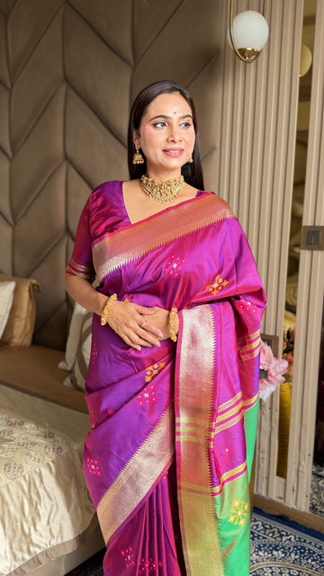 Magenta Soft Silk Ikkat Patola Saree with Meenakari Motifs Peacock Pallu and Gold Zari Border