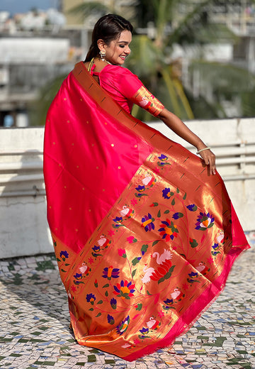 Pink Paithani Silk Saree with Half Half Concept Big Border Zari Woven Saree