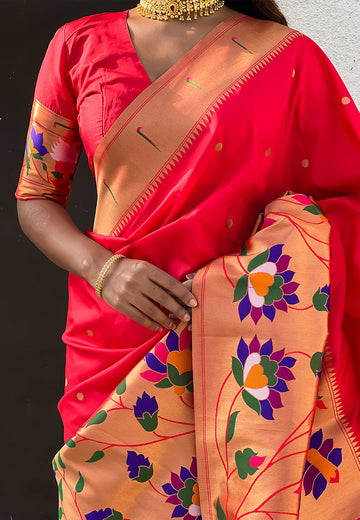 Red Paithani Silk Saree with Half Half Concept Big Border Zari Woven Saree