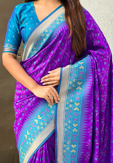 Purple Soft Silk Zari Woven Patola Saree with Contrast Bandhani Weaves