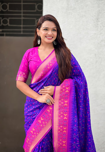 Violet Soft Silk Zari Woven Patola Saree with Contrast Bandhani Weaves