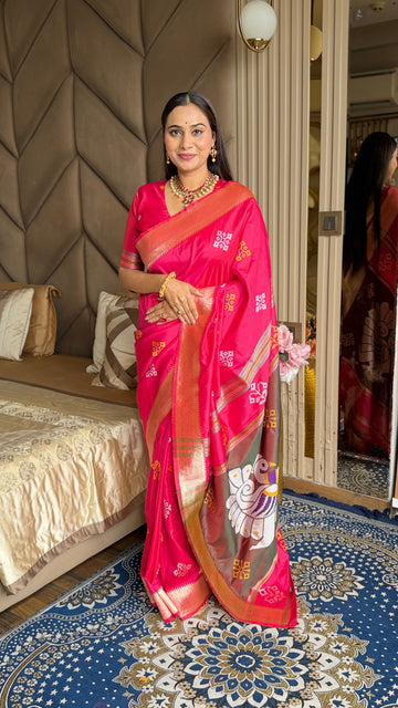 Pink Soft Silk Ikkat Patola Saree with Meenakari Motifs Peacock Pallu and Gold Zari Border