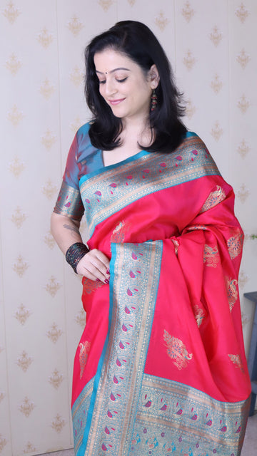 Pink Soft Silk Banarasi Peacock Zari Woven Saree