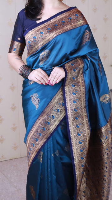Metallic Blue Soft Silk Banarasi Peacock Zari Woven Saree