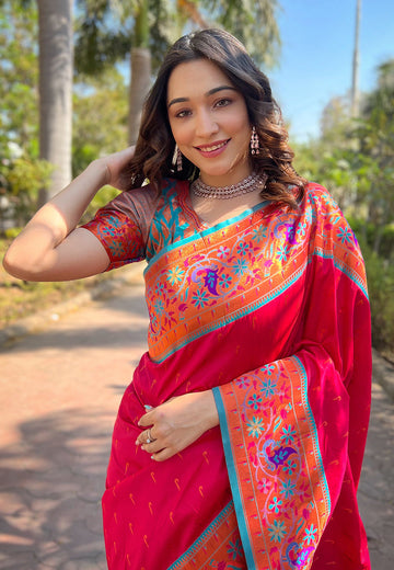 Hot Pink Original Meenakari Muniya Paithani Silk Zari Woven Saree