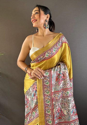 Gold Tussar Silk Madhubani Printed Saree with Zari Woven Border