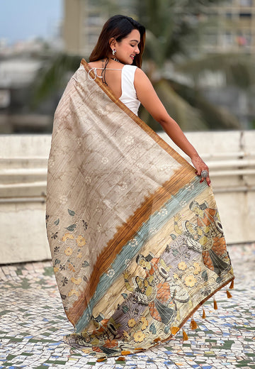 Yellow Katki Silk Floral Printed Saree with Piping Border