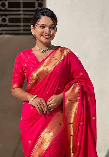 Pink Zari Woven Vitthala God Special Traditional Paithani Silk Saree