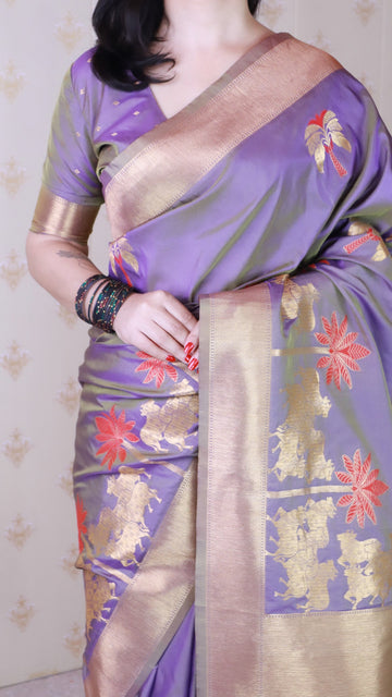 Lavender Grey Soft Silk Saree with Kamdhenu Weaves Zari Woven Saree