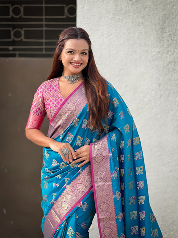 Blue Soft Silk Zari Woven Ikkat Patola Saree with Contrast Weaves