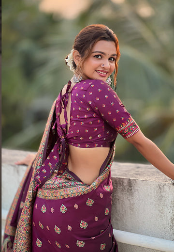 Wine Pashmina Kashmiri Silk Zari Woven Saree