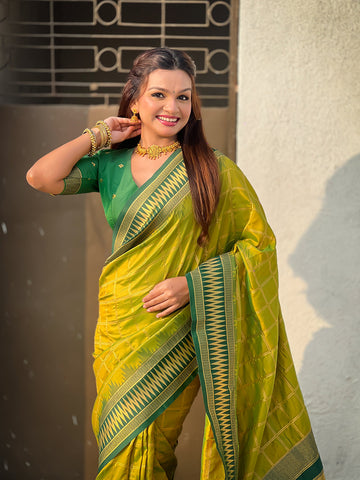 Mehendi Green Soft Silk Checks Traditional Zari Contrast Woven Saree