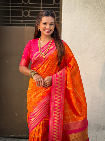Orange Soft Silk Checks Traditional Zari Contrast Woven Saree