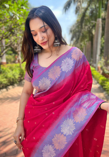 Hot Pink Soft Silk Floral Border Zari Woven Saree
