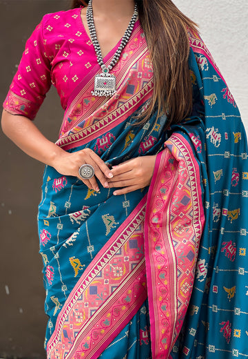 Denim Blue Soft Silk Zari Woven Patola Leheriya Saree with Contrast Weaves