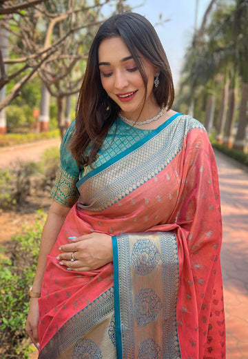 Coral Pink Kanchipuram Tissue Silk Traditional Zari Woven Saree